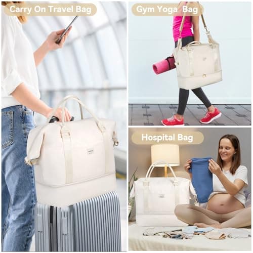 Voova Weekend Overnight Bag for Women, Large Travel Duffle Bag with Shoes Compartment, Carry On Tote Bag with Toiletry 、Cosmetic 、Shoes Bag 4 Pack Set for Ladies Gym, Hospital, Yoga, Beige — view 6