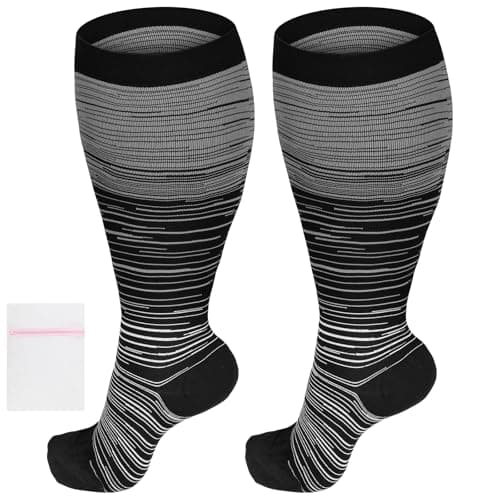 AOOWU Plus Size Compression Socks for Men and Women, 1 Pair Wide Calf Graduated Compression Stockings, Extra Large Knee High Stockings for Support Travel Running Pregnancy Edema Nurses, 20-30 mmHg