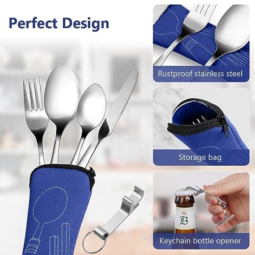 Vicloon 5 Pcs Cutlery Set with Portable Pouch Case, Stainless Steel Flatware Set with Bottle Opener, Travel Cutlery Set with Spoon, Knife, Fork, for Camping Picnic Office School Lunch, Dark Blue — view 3