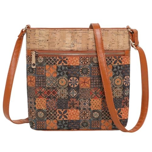 Ameble Tan Cork Boho Crossbody Purse for Women, 8.27x9.06 Inch Lightweight Shoulder Bag, Cork Handbag for Casual Daily, Travel, Beach