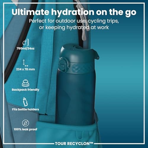 ION8 Sports Water Bottle, 750 ml/24 oz, Leak Proof, Easy to Open, Secure Lock, Dishwasher Safe, BPA Free, Flip Cover, Carry Handle, Soft Touch Contoured Grip, Easy Clean, Odour Free, Teal — view 2