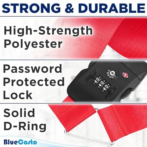 BlueCosto - Luggage Strap with TSA Lock - 2.2 to 4m Adjustable, Jet Black - TSA Approved Suitcase Security Belt with 3 Digit Combination Locking - 5cm Wide Heavy Duty Baggage Strap for Secure Travel — view 2
