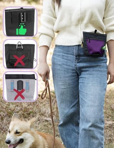 Gobeigo Dog Treat Pouch and Training Clicker, Upgrade Two Magnetic Closure to Prevent Spills, 2 Cup Treat Bag with Poop Bag Dispenser, Metal Clip Waist Belt Fanny Pack for Pet Walk (Black/Purple) — view 4