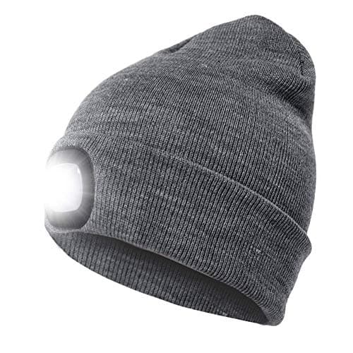 RFWIN LED Beanie Hat, Bright Rechargeable Headlamp Cap, Unisex Lighted Winter Knit Hat for Hunting, Camping, Grilling, Running, Walking Grey