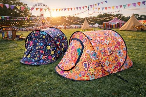 2 PERSON POP UP FESTIVAL TENT, WATERPROOF INSTANT CAMPING TENT, EASY PITCH SHELTER, ORANGE FLORAL DESIGN. — view 2