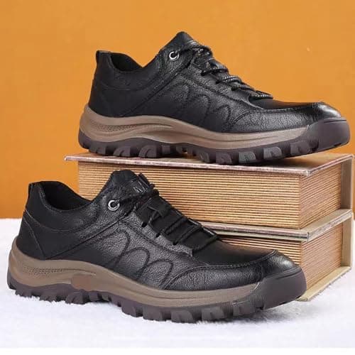 Mens Trekking Hiking Boots Leather Lace-up Non-Slip Mountain Climbing Walking Shoes Arch Support Travelling Sneaker Outdoor Stable & Cushioned Trainers Backpacking Camping Footwear (Black, 9) — view 5