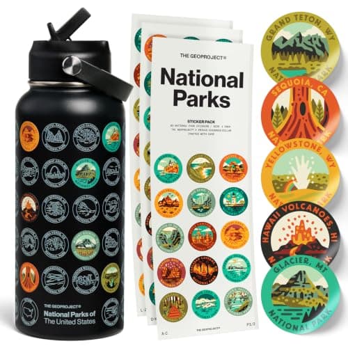 National Parks Water Bottle with Stickers Kit, Erikas Chesonis Collaboration, Adventure Flask with Straw, Waterproof Stickers for Water Bottle, Insulated Stainless Steel 32oz (Black)
