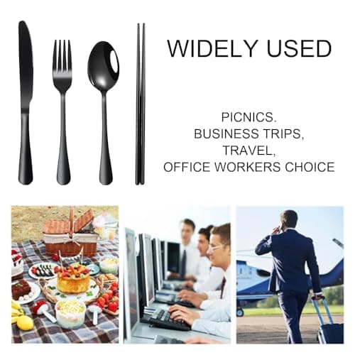 VANRA Portable Travel Utensils Set with Case 4-Piece Stainless Steel Camping Cutlery Set Reusable Silverware Set for Work Fork Spoon Knife Chopstick for Lunch Box School Picnic (Black) — view 5