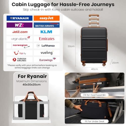 Kono 2 PCS Luggage Set 55x40x20cm Suitcase & 40x30x20cm Ryanair Cabin Bag — view 2