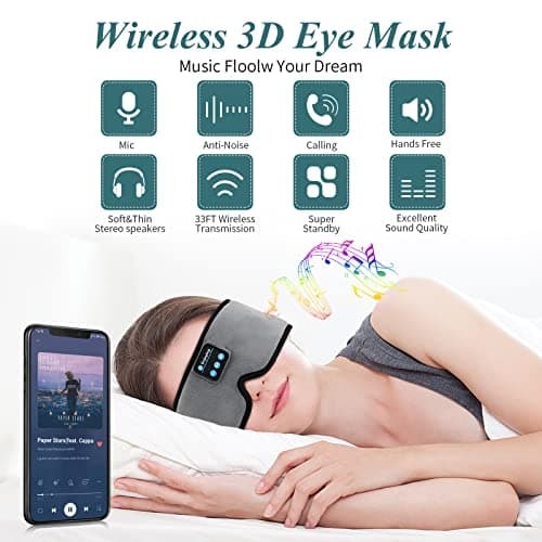 Bluetooth Sleeping Eye Mask Headphones,SKYEOL 5.2 Wireless Bluetooth Headphones Adjustable&Washable Music Travel Sleeping Headset with Built-in Speakers Microphone Hands-Free for Sleeping (Grey3d) — view 3
