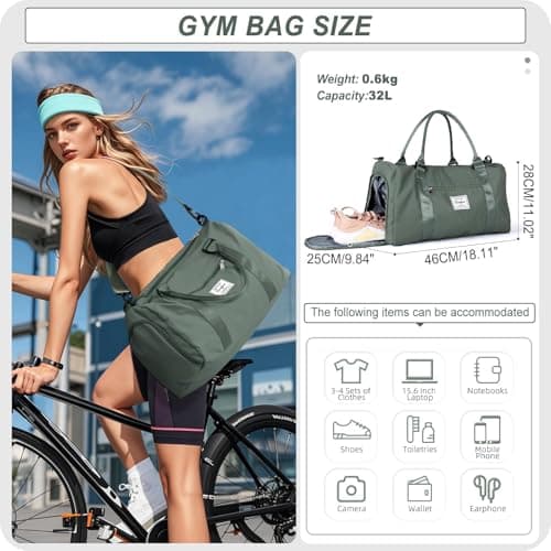 HYC00 Gym Bags Women Men Sports Duffle Bag with Shoes Compartment & Wet Pocket, Travel Duffel Bags for Women Large Weekend Overnight Holdall for Hospital Swimming Carry on Hand Luggage Bag, Army Green — view 2