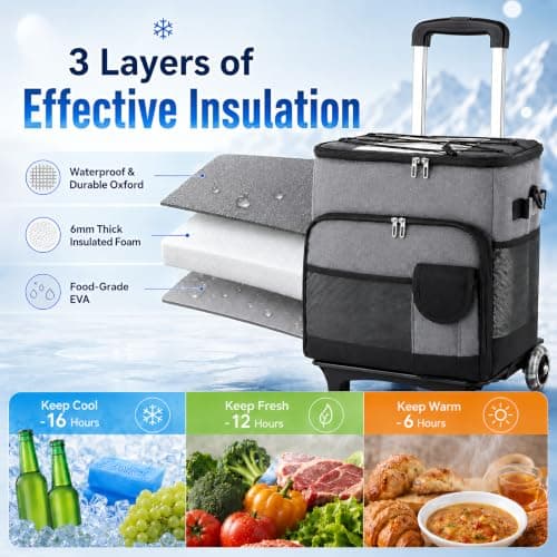 Cool Bag, 50L Large Cooler Box on Wheels, Leakproof Insulated Cooler Bag with Stable All Terrain Cart & Handle, Portable Wheeled Picnic Thermal Bag for Camping Beach Fishing Grocery Shopping Travel — view 4