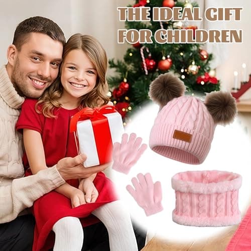 SSKHE 3Pcs Kids Winter Warm Beanie Hat Scarf Gloves Set for 1-5 Years Old Boys Girls. Winter Accessories Sets for Children Outdoor Sports, Knit Thick Warm Fleece Lined Thermal Sets (Pink2) — view 5