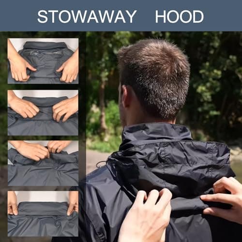 LZLER Mens Waterproof Jackets Lightweight Packable Windproof Rain Jacket Adjustable Hooded Raincoat for Outdoor Hiking Fishing Camping(Black,L) — view 5