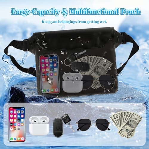 2 Pack Waterproof Phone Pouch, Black Waist Dry Bag with Belt for Swimming — view 6