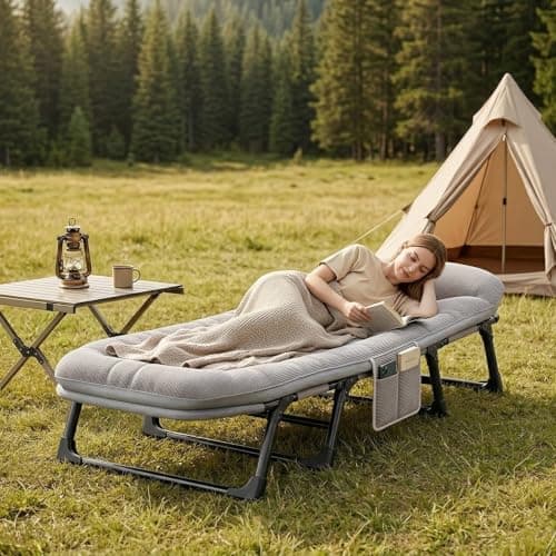 Folding Camp Bed with Mattress, 6-Position Adjustable Guest Bed, Grey — view 6