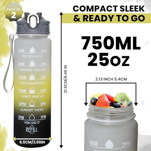 Pack of 2 Water Bottle with Straw 750ml – Leakproof BPA Free Sports Water Bottle for Gym, School & Travel – Motivational Drinking Bottle with Time Markings for Kids & Adults (Black-Yellow/Grey, 750ml) — view 6