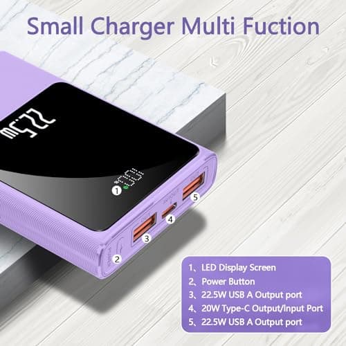 22.5W Super Fast Power Bank 10000mAh USB C Outputs & Inputs Portable phone Charger Mini Battery Pack Compatible with iPhone Samsung Tablet and More (Purple) — view 6