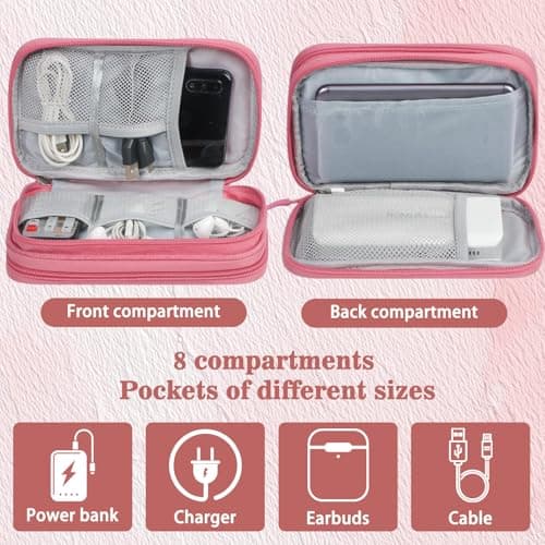 Yilnlg Cable Organiser Bag, Double Layer Electronics Accessories Organiser Bag, Travel Accessories Bag Organiser for Cables for Charging Cable Flash Drive SD Card Power Bank USB Pink — view 3