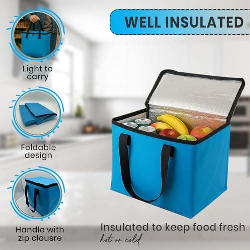 TIJAR® Hot Food and Cooler Bag, 12L, Insulated Bag and Carrying Handle, Collapsible Medium Size Cool Bag, Lunch Bag, Cool Box, Grocery Shopping Bags, Cooling Bag for Camping BBQ Outdoor (Blue 12L) — view 3