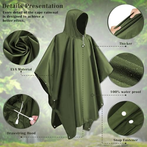 LEEPAT Waterproof Rain Poncho Adult Lightweight Reusable Hiking Rain Coat Jacket with Hood for Outdoor Hiking Camping Cycling Traveling (Green) — view 4