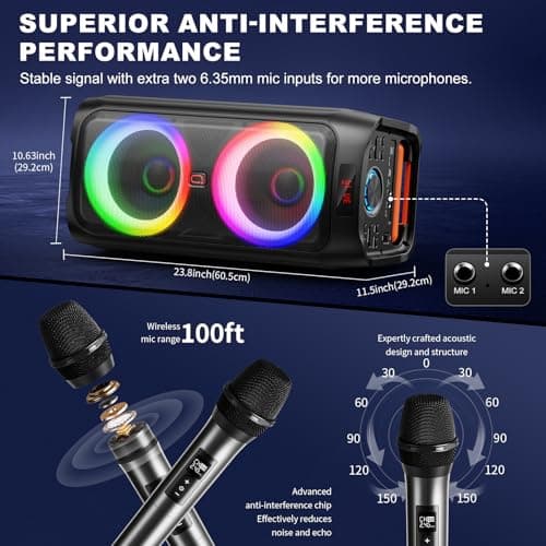 JYX Karaoke Machine with 2 Wireless Microphones, 500W Big Bluetooth Speaker — view 4