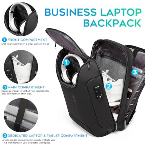 BG Men's Anti-Theft Backpack,Waterproof Fashion Travel Backpacks,High Tech Backpack with USB 3.0 Charging Port,Business Laptop Backpack Fits 17.3 Inch Notebook — view 4