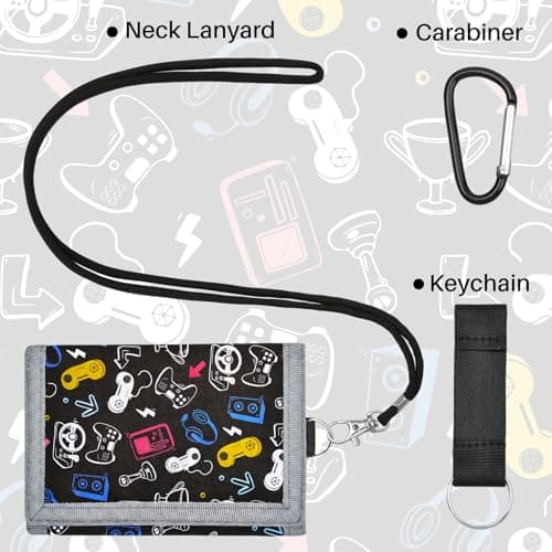 CenviaLuxy Boys Wallet for Teenagers, Trifold Kids Wallet for Boys with Lanyard and Carabiner, Coin Pocket, Card Holder, Keychain Holder, Zipper Kids Purse for Teen Boys Birthday Gifts (Game Console) — view 3