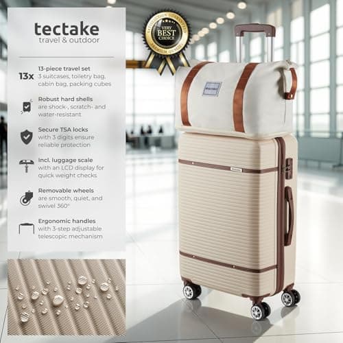 tectake® 13-Piece Suitcase Set, ABS Hard-Shell Luggage Set with Telescopic Handles, TSA Locks, 360° Wheels, Incl. M, L & XL Suitcase, Expandable Travel Bag, Toiletry Bag & 8 Packing Cubes - Cream — view 2