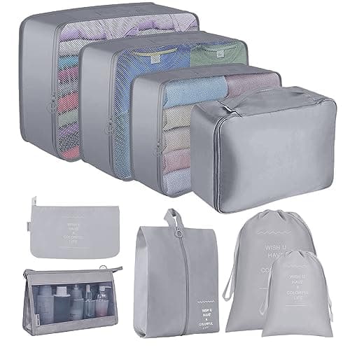 Packing Cubes for Suitcase,Lychico 9pcs Travel Luggage Packing Organizers Waterproof Travel Essentials Bag Clothes Shoes Storage Bags, Gray