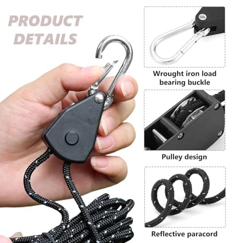 4 PCS Reflective Tent Guy Ropes, 4 mm Ratchet Ropes with Rope Tensioner, 4M Heavy Duty Adjustable Reflective Tent Guy Rope for Camping, Hiking, Awning, Black — view 4