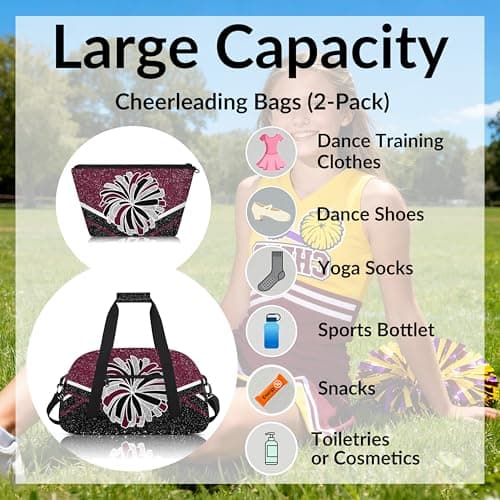 Mardesigns Cheerleading Dance Bag with Makeup Bag, Sport Gym Practice Weekender Carry On Duffel Bag & Cosmetic Bag 2 Pcs Set, Maroon Black — view 2