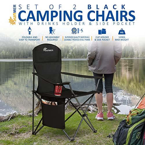 SUNMER Folding Camping Chairs - Set of 2, Extra-Wide Lightweight Outdoor Chairs with Armrests, Cup Holder and a Side Pocket - 120kg Capacity per Chair - Professional Travel & Garden Seating - Black — view 4