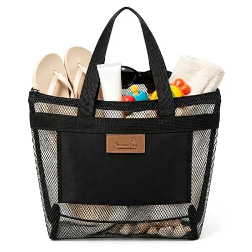 TESSTSY Lightweight Foldable Mesh Beach Bag, 30x9x28 cm Pool Tote with Zip