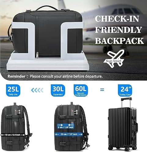 LOKASS Vacuum Seal Compression Travel Backpack 60L Expandable, Anti Theft Travel Cabin Bag, Water Resistant Carry on Backpack, School Rucksack Gift for Men and Women, Black — view 3