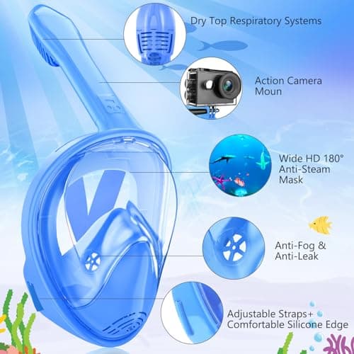 Kids Snorkel Mask Full Face, Snorkeling Gear for Kids 3-14 with Camera Mount, 180 Degree Panoramic View Snorkeling Set Anti-Fog Anti-Leak (Blue+Black) — view 2