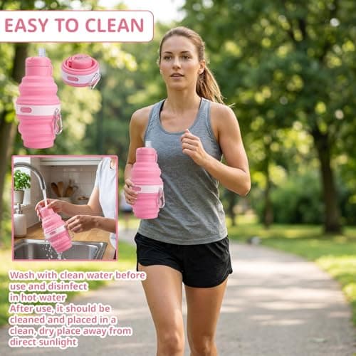 KSVFTB Collapsible Water Bottle, Pink Folding Water Bottle, Portable Silicone Water Bottle with 500ml Capacity for Gym Hiking Camping Cycling Outdoor Hydration — view 4