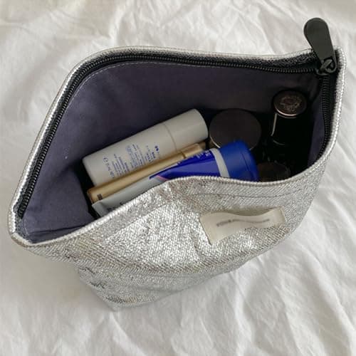 BSITSSS Shiny Silver Makeup Bag, Portable Cosmetic Bags Women, Multifunctional Zipper Make Up Bag Girls, Small Makeup Pouch,Simple and Stylish Beauty Bag, Birthday Gifts for Women Unique — view 5