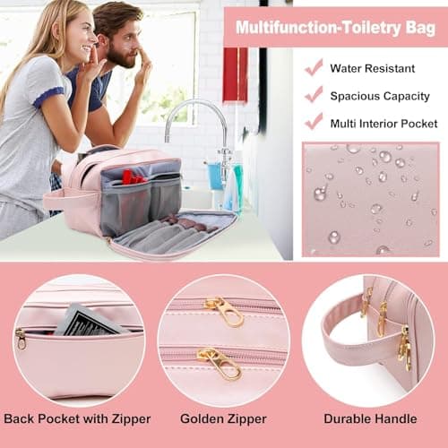 ABCHCHS Travel Toiletry Bag for Women- PU Leather Makeup Cosmetic Bag - Waterproof Organizer for Toiletries Accessories - Dopp Kit Case - Multifunction Packing Organizer Pouch (Pink) — view 3