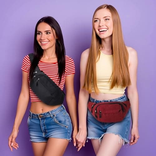 Meng Jiaran 2 Pack Bum Bag Bumbag for Men Women,Waterproof Waist Fanny Pack for Ladies, 4 Zip Pockets Adjustable Belt Cross Body Bumbags for Sport Running Walking Travel Cycling, Black, Red — view 4