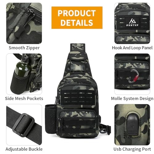 HUNTVP Tactical Sling Bag, Chest Bag Pack, Military Sling Bag Crossbody Backpack Men's Shoulder Bag for Mens Women Travelling, Cycling, Hiking, Camping(Typ2-Camo) — view 6