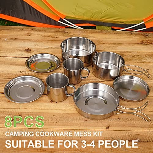 Camping Cookware Mess Kit 8PCS Stainless Steel Cooking Pot and Pan Set with Plates Cups for Outdoor Camping Hiking Backpacking — view 2