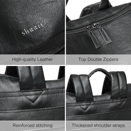 Shrrie Laptop Backpack for Women 15.6 inch,Travel Leather Backpack Purse Nurse Teacher Carry on Backpack,Professional Water-Resistant College Business Work Casual Daypack,Two-tone Black — view 6