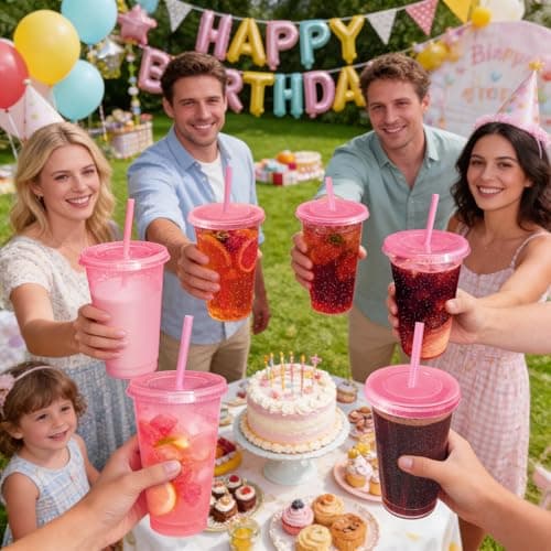 HJLIKE 12 Pack 710ml Reusable Plastic Cups with Lid Straws Letter Stickers and Cleaning Brushes, Glitter Water Cold Coffee Tumber for Birthday Hen Do Party Travel Beverages Drinking (Glitter Pink) — view 6