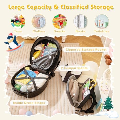 GYMAX 4Pcs Kids Luggage Set, 10” Backpack & 14” Children Hardshell Suitcase with Wheels, Neck Pillow & Name Tag, Toddler Carry On Luggage Set for Travel School (Black+White) — view 2