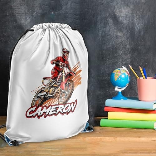 Personalised Red Dirt Bike Drawstring Bag for Boys Off Road Track Motorbike Back to School PE Sports Kids Bag, One Size, Black — view 4