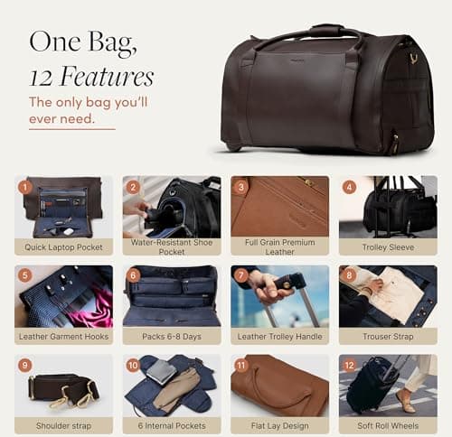 Wool & Oak NOVA Large Duffle Bag with Wheels, Chocolate, L, Leather — view 5