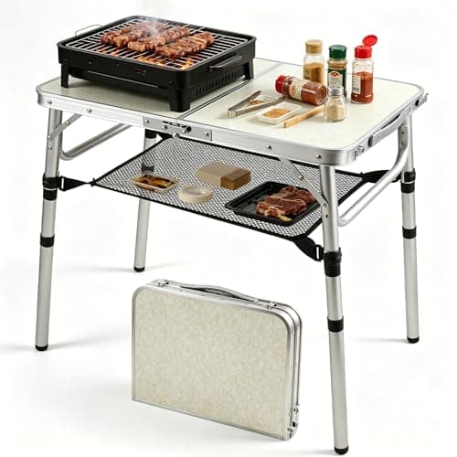 Warmiehomy Folding Camping Table, 3 Adjustable Height, Max 60cm Aluminum Picnic Table with Storage Net & Carry Handle, Portable Grill Table for Camping, Picnic, Backpacking, RV, BBQ, 60X40cm, White