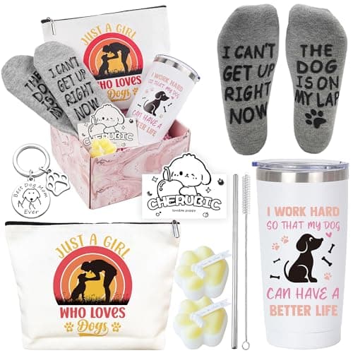 Dog Lovers Gifts for Women - Dog Mum Birthday Gifts with Travel Tumbler Mug Makeup Bag Keychain Paw Candle Pet Lovers Relaxing Gift Basket for Best Friend Sister Mum
