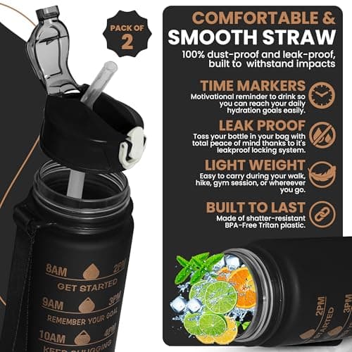AQUA HOMIE Pack of 2 Water Bottle with Straw 750ml – Leakproof BPA Free Sports Water Bottle for Gym, School & Travel – Motivational Drinking Bottle with Time Markings for Kids & Adults (Black, 750ml) — view 6